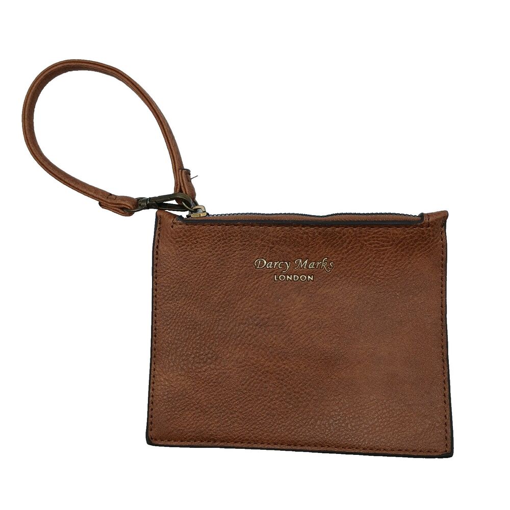 Darcy Marks London Wristlet Wallet Dark Brown Faux Leather Zip Top Thin Profile
